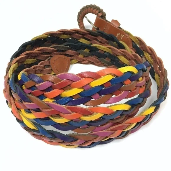 VINTAGE Belt Leather Braided Woven Rainbow Multicolor Boho Festival Plus Size 1X